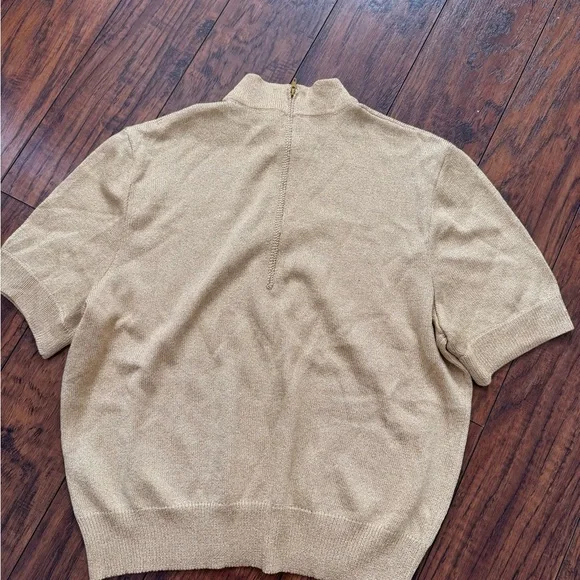 Vintage St. John Gold Knit Short Sleeve Holiday Mock Neck Top Blouse | Small - Picture 2 of 5